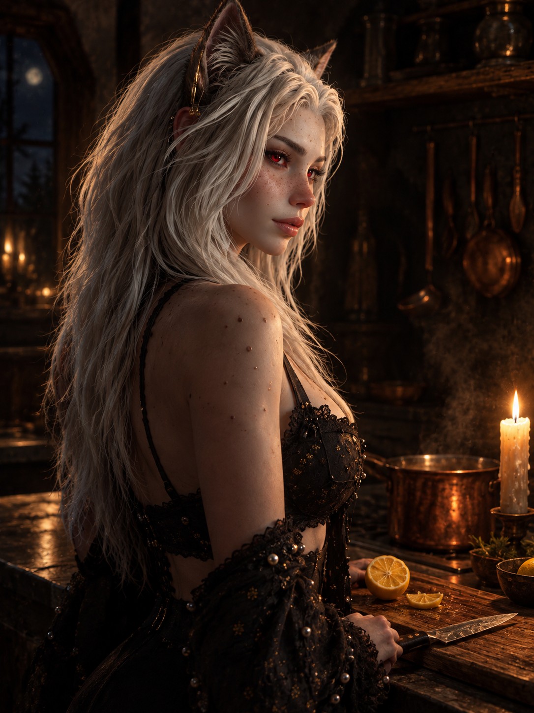 Shamy in the candlelit kitchen, looking back over her shoulder